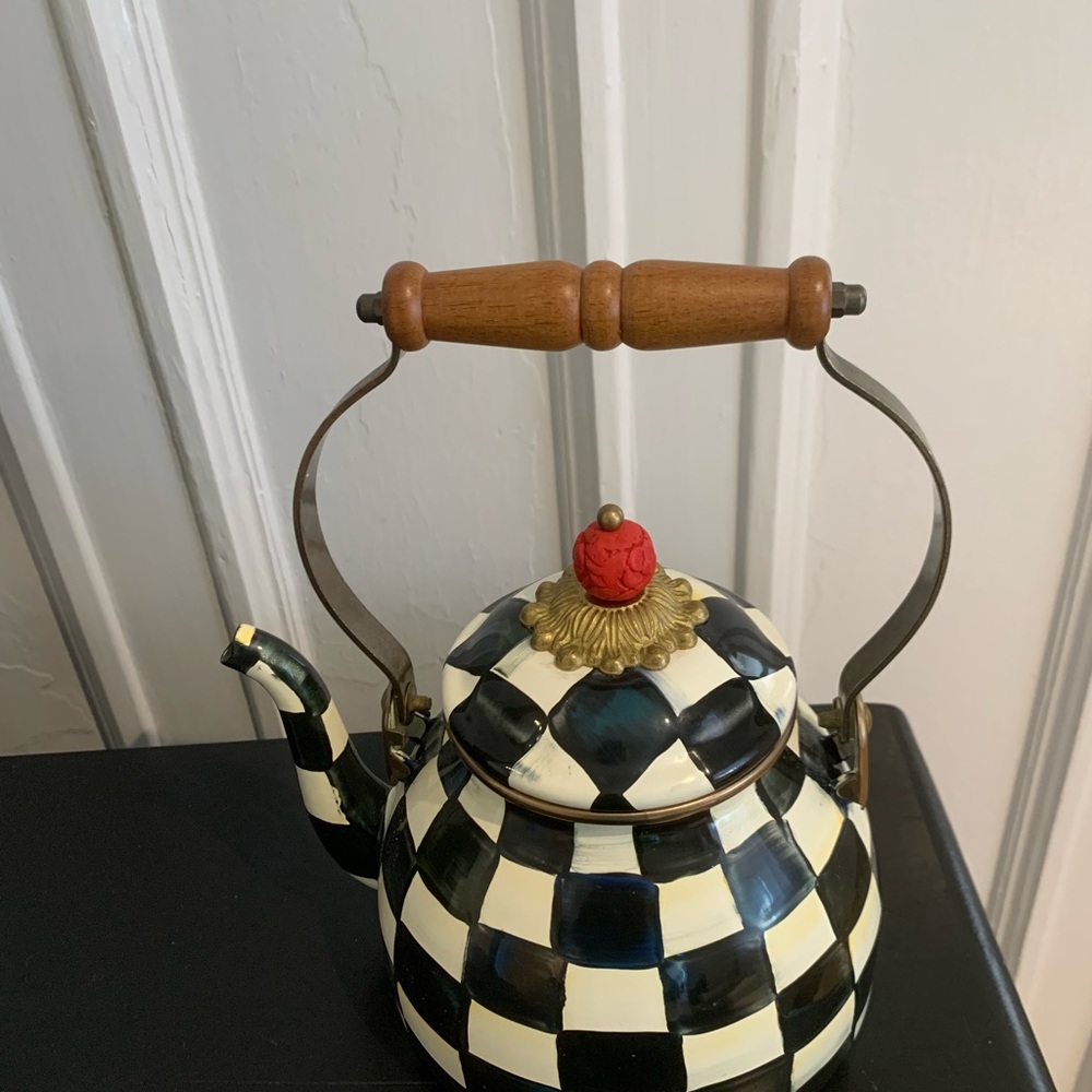 MacKenzie-Childs Black and Cream Checkered Teapot with Red Finial